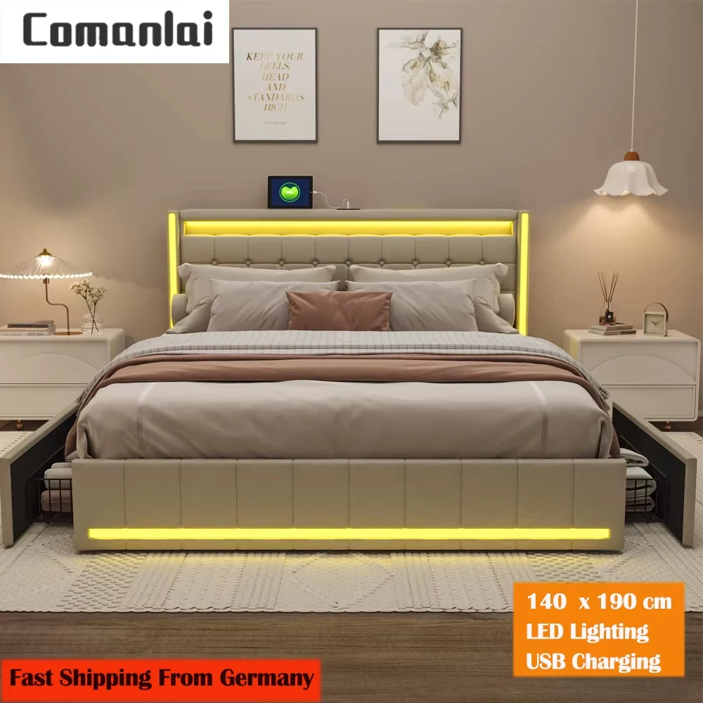 Letto imbottito Comanlai con 4 cassetti, illuminazione a LED e ricarica USB, letto matrimoniale per adulti, beige, senza materasso, letto 140x190 cm