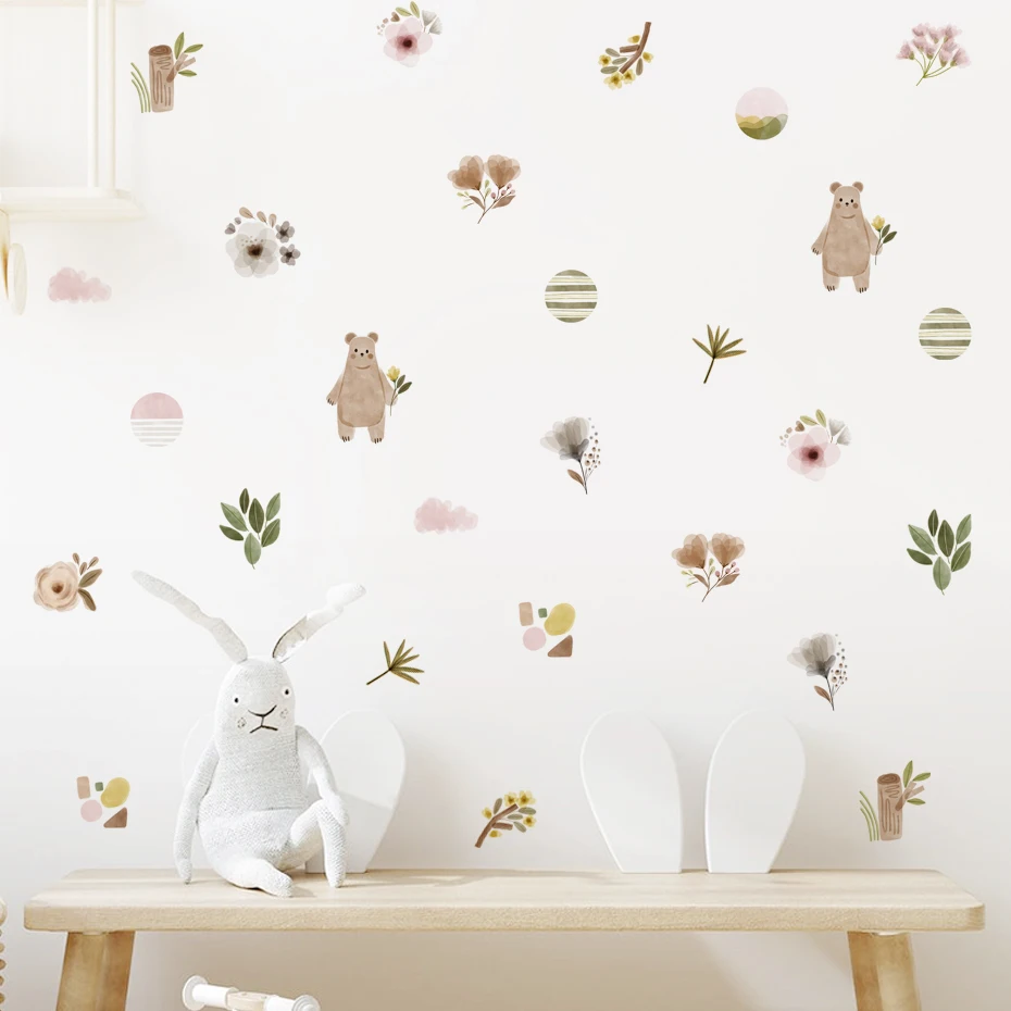 Boho Cartoon Wildflowers Woodland Animal Nursery Decor Watercolor Vinyl Wall Decals Print Kids Girls Room Interior Home Decor