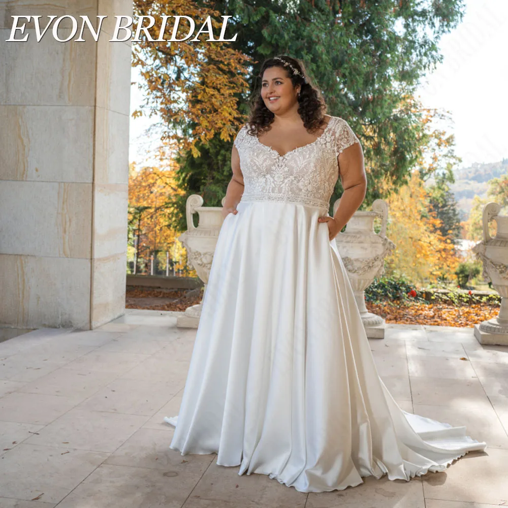 EVON BRIDAL Vintage Plus Size Brautkleid V-Ausschnitt Satin A-Linie Brautkleider KurEvon Braut Vintage Plus Size Brautkleid V-Ausschnitt Satin A-Linie Brautkleider kurze Ärmel rücken frei maßge schneiderte Brautkleider