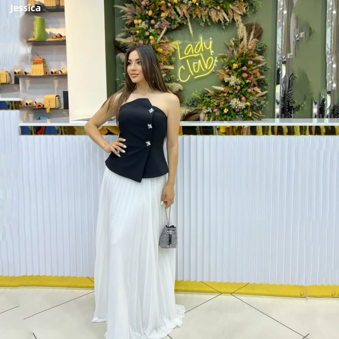 

Jessica Black Satin Evening Dresses White Crinkled Chiffon Prom Dresses Off-shoulder A-line Wedding Party Dresses Customized