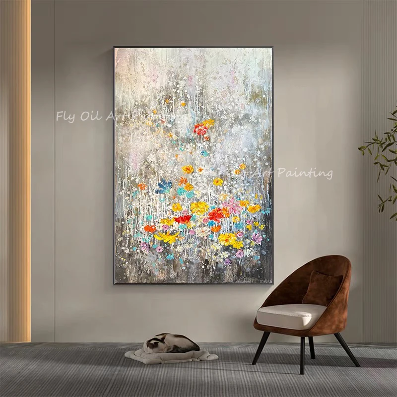 

100% Handmade abstract modern simple grey colorful flower new design Oil Painting Porch Aisle Decoration as a gift