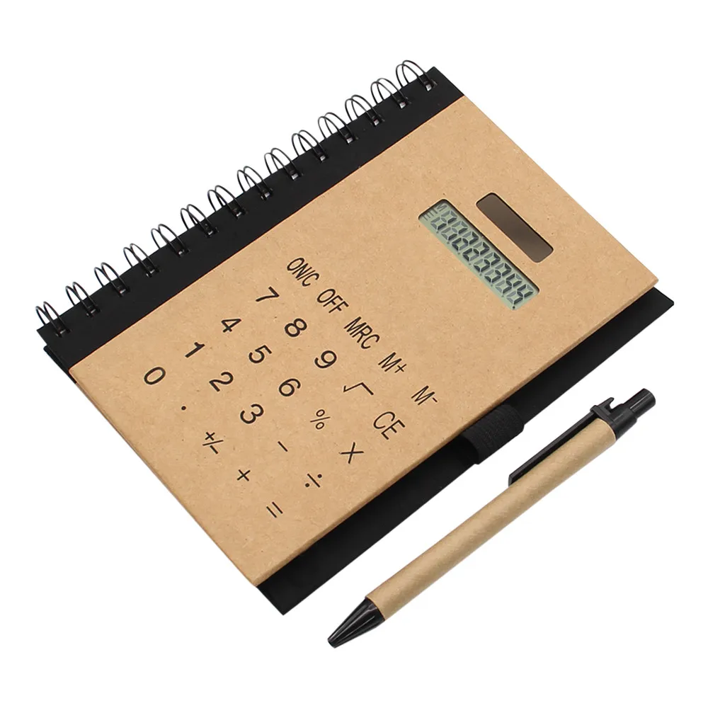 Retro Kraft Paper Solar Calculator Notebook Combo with Pen Large Screen Business Gift Calculator for Office School Supplies