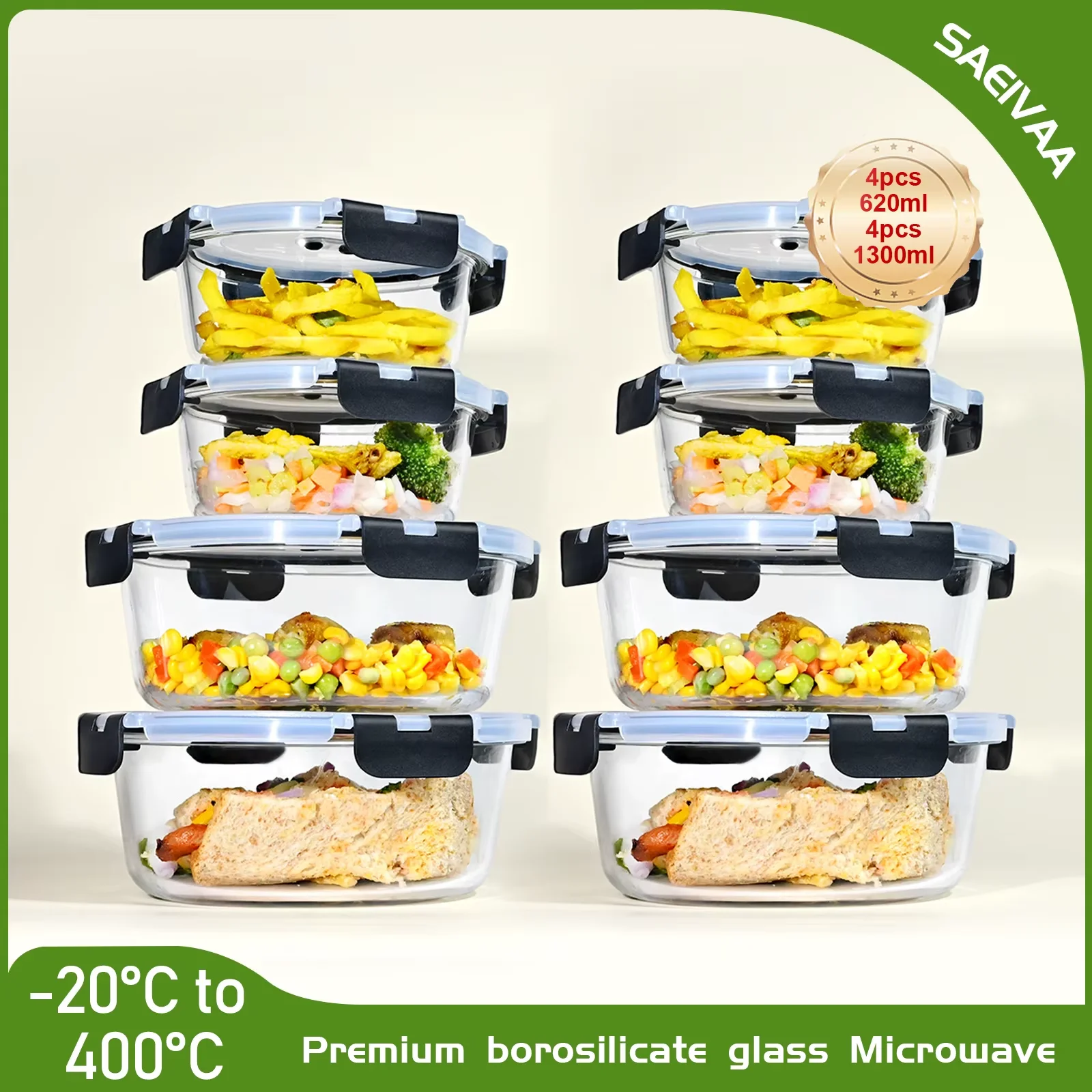 Contenitori per conservare gli alimenti con coperchio, 620/1300 ml, in vetro borosilicato, contenitori rotondi in vetro, ermetici, a prova di perdite, ideali per preparare i pasti, contenitori per la