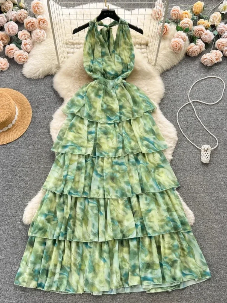 Vrouwen Sexy Groene Bloemen Strandjurk Zomer Hang Hals Slanke A-Lijn Lange Jurk Zomer Stropdas Geverfd Ruche Plooi Chiffon Laag Jurken - afbeelding 2