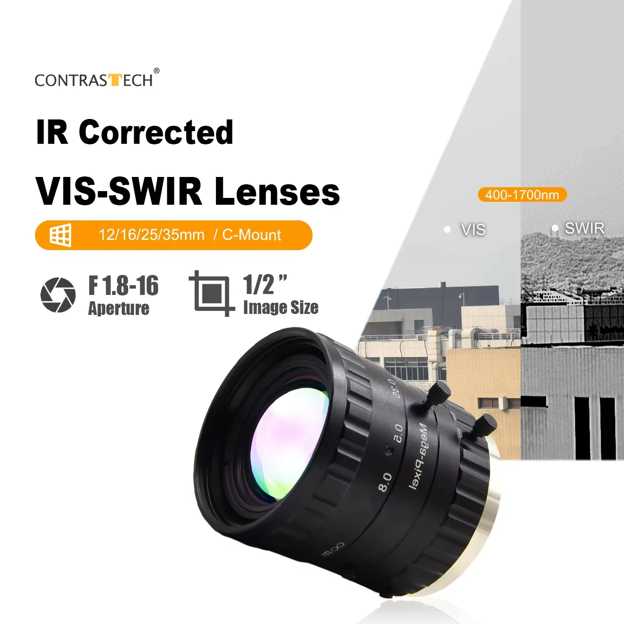 Kamera VIS SWIR 400–1700nm, 3MP, obiektyw 1/2'', mocowanie C-Mount, stałoogniskowa, obiektyw FA do kamer przemysłowych InGaAs SWIR, sprzedaż od producenta.