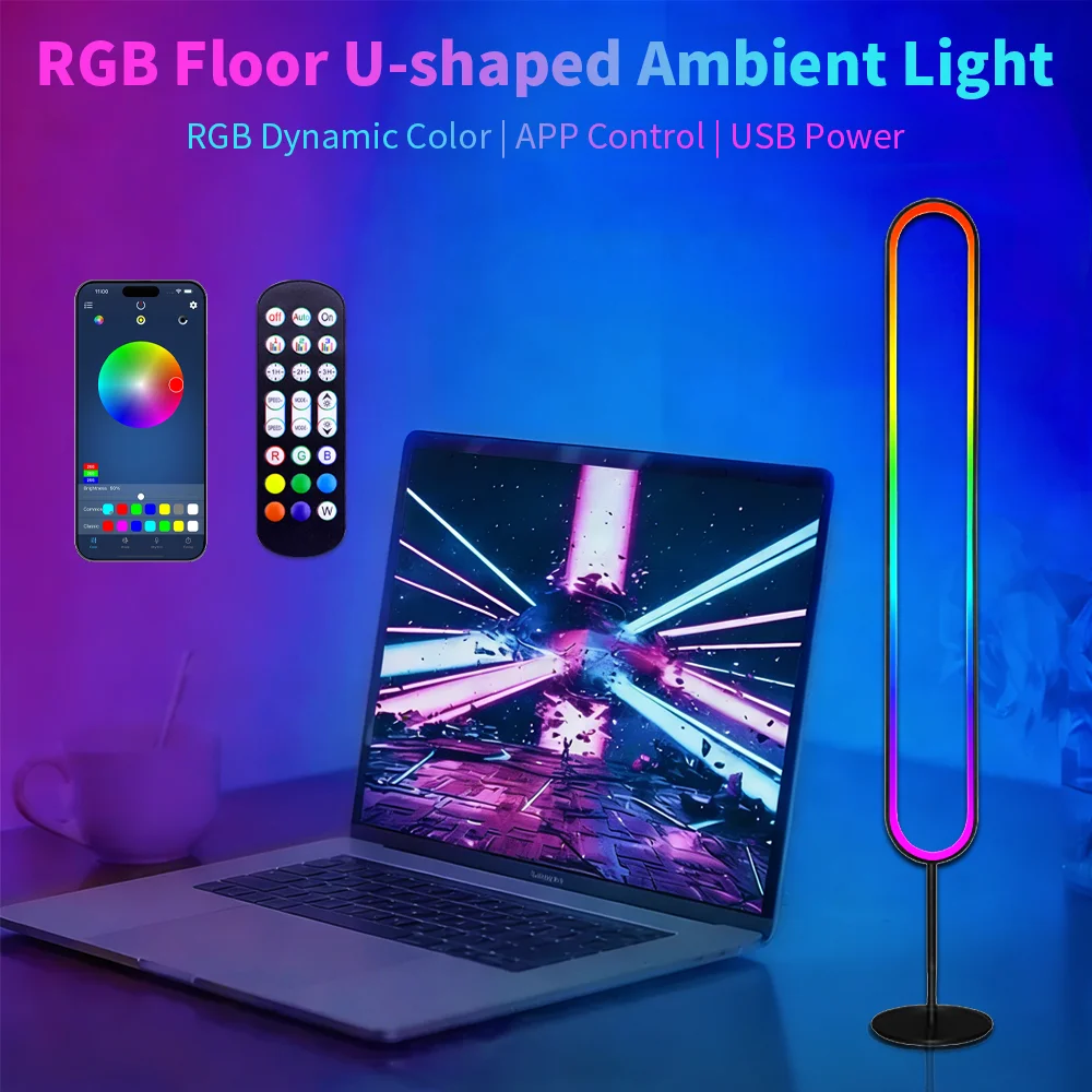 

Напольный светильник RGB с изменением цвета, несколько размеров, управление через приложение и проводом, U-образный, звукоактивируемый, для создания атмосферного освещения