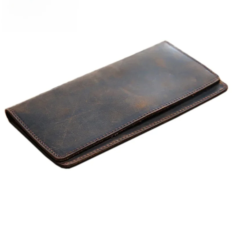 Cienki prosty klips na pieniądze dla mężczyzn Crazy Horse oryginalne skórzane etui na książeczki czekowe Vintage skórzane długie portfele Slim Billfold — zdjęcie 2