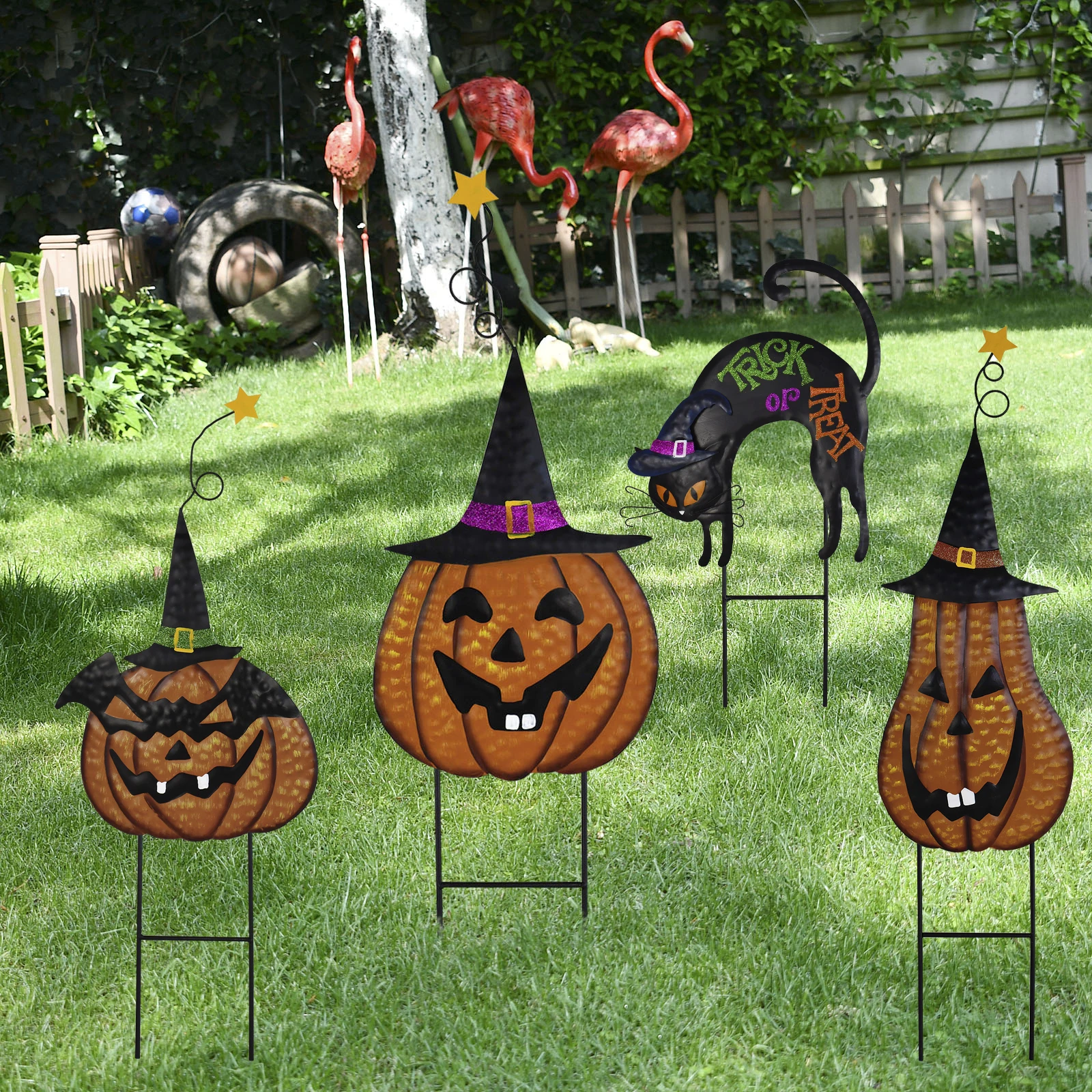 4pcs Halloween Garden Decorations, Metal Jack-O-Lantern Stakes with Witch Hat, Scary Black Cat Yard Sign Trick Or Treat Outdoor