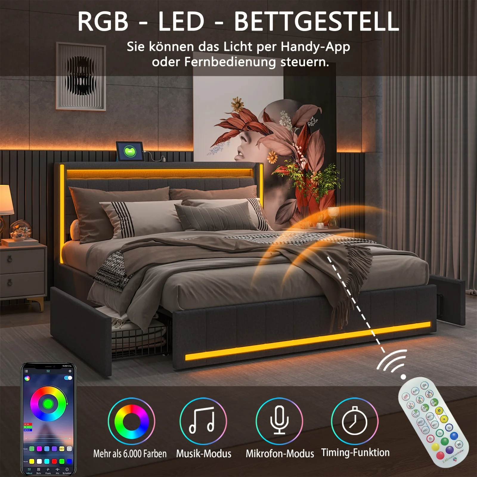 Lit rembourré 160x200 avec LED+USB, lit double avec 4 tiroirs, structure de lit avec rangement et sommier à lattes