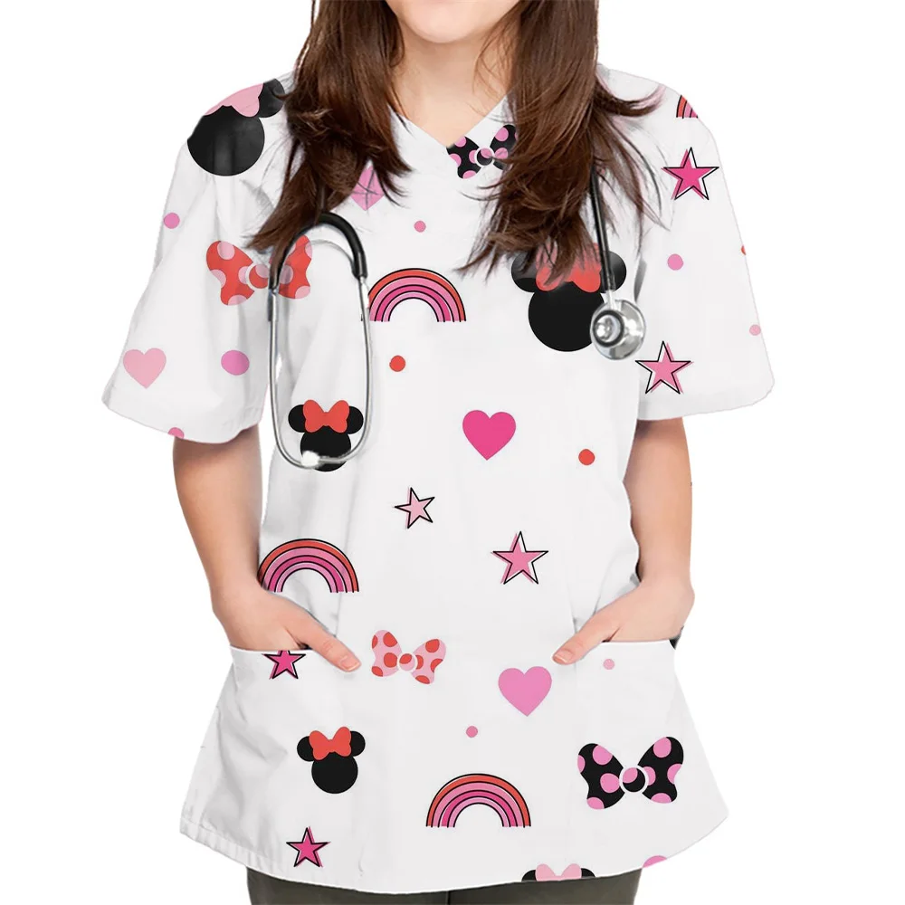 Women Scrub Tops With V-Neck Cat Prints Cartoon Scrub Uniforms Thin Nurse Scrub Top For Women Short Sleeve Tees Healthcare Tunic