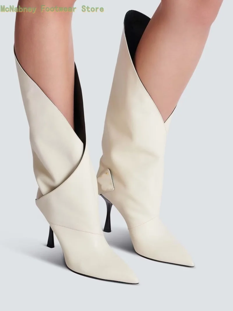 

Europe Dinner Women's Boots Super Stiletto Heels White Mid-Calf Boots Pointed Sleeve Fashion Knee-High Boots New Autumn Styles