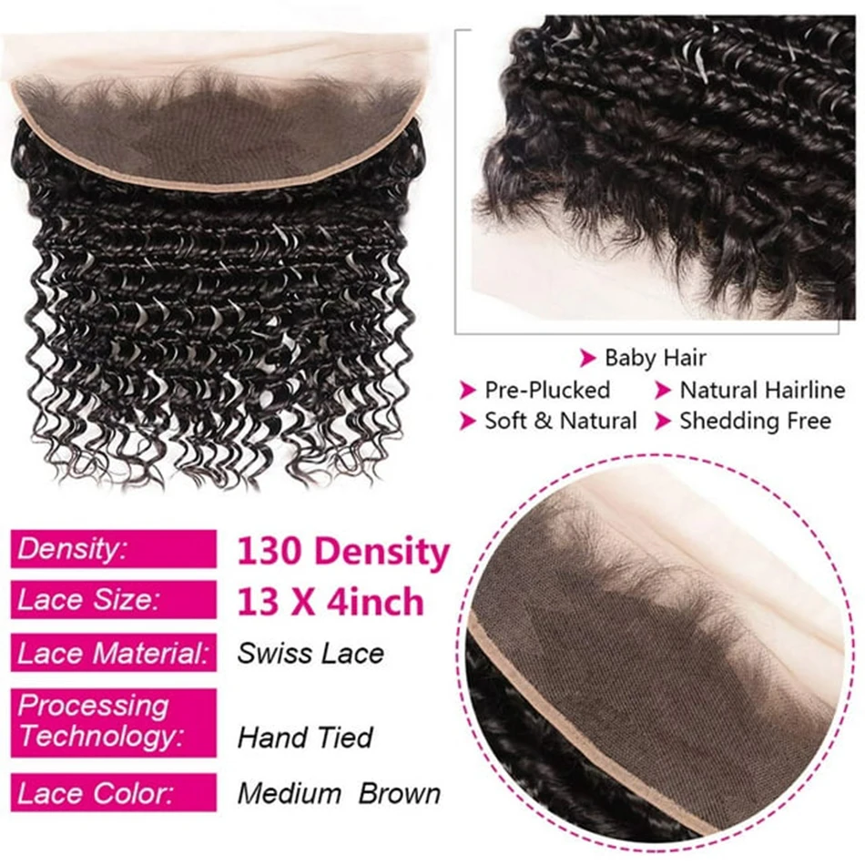 Bundles Deep Curly Wave avec fermeture, 100% cheveux humains non transformés, Full et Optics, 13x4 Lace Frmeds, 30 po, 3 Bundles