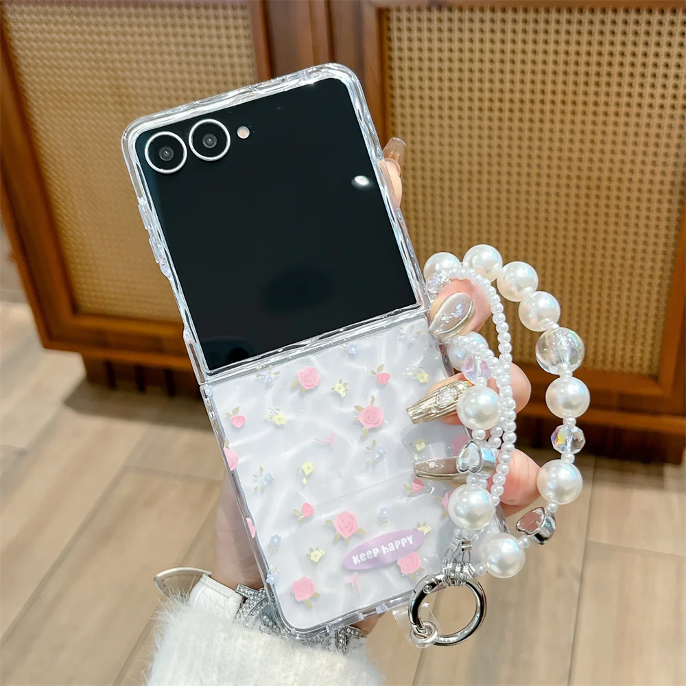 

Korean Diamond Pony Phone Case For Samsung Galaxy Z Flip 7 6 5 4 3 Flip6 Flip7 Flip5 Cover with Chain Cute Cases Shockproof Fund