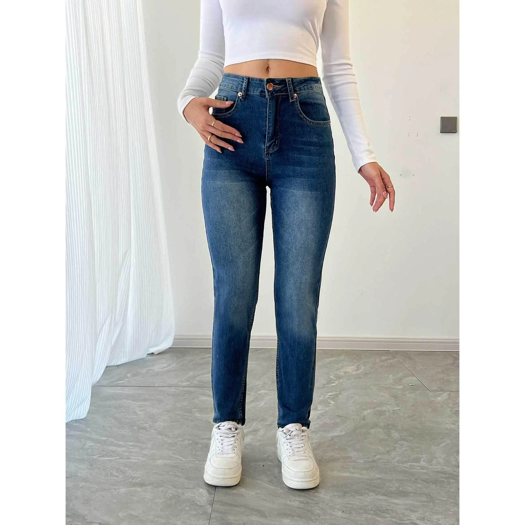 Pantalon doublé polaire extensible taille haute pour femme, jean évasé, pantalon thermique en Denim