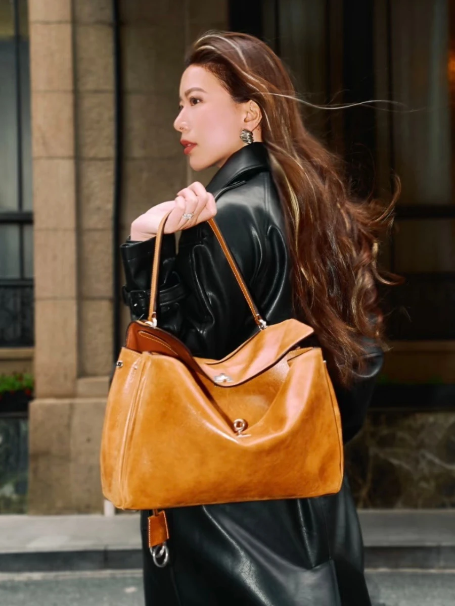New Lazy Floppy Style Top Quality Leather Large Capacity Tote Bag For Women Shoulder Handbag Fashion Designer Purse
