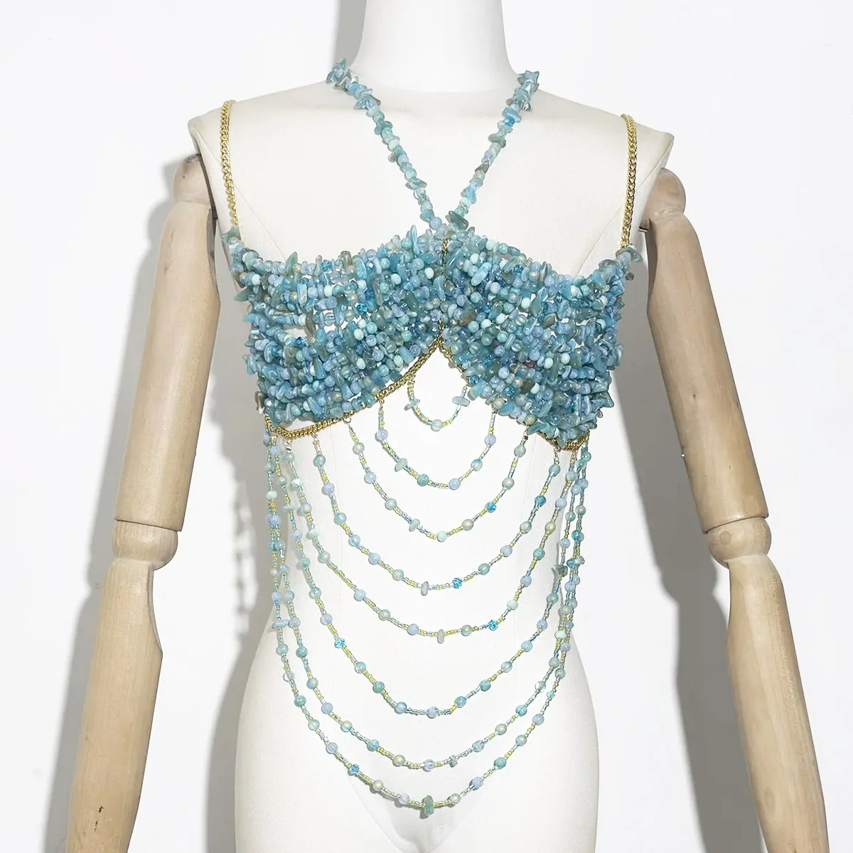 Handmade Luxury Turquoise Beaded Halter Top Fringe Body Chain Mermaid Top Costume Bralette Sexy Lingerie Beachwear Rave Bra
