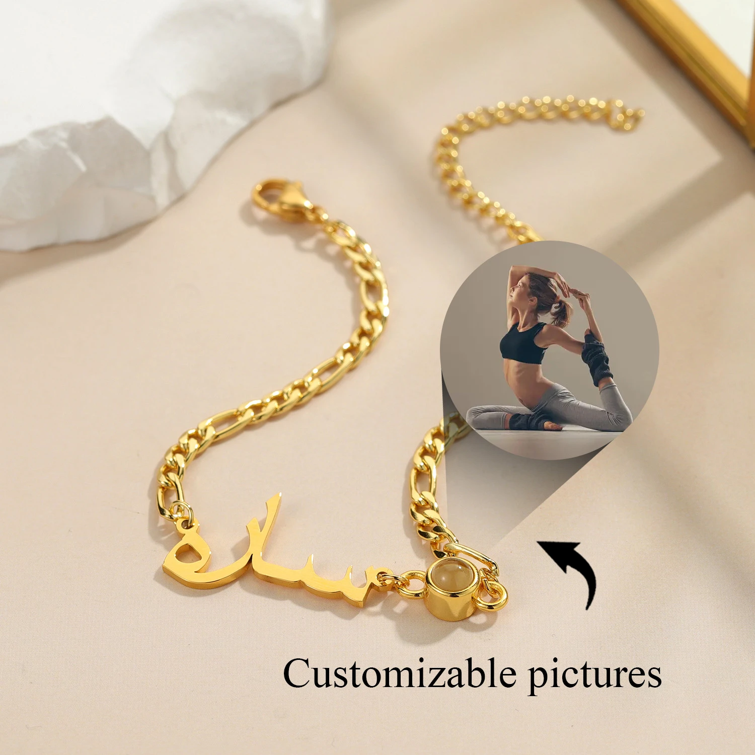 Arabic Projection Photo Bracelet Personalized Arabic Name Muslim Jewelry Gift Calligraphy Gift Figaro Bracelet Gift for Her