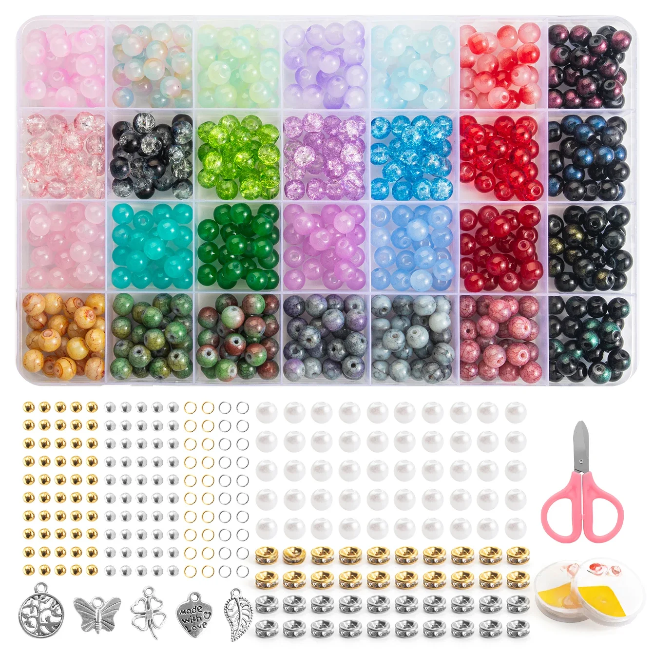 Kits de fabrication de bracelets en perles de verre, 28 couleurs, perles de cristal de 8mm, pierres précieuses rondes avec accessoires pour la fabrication de bijoux, bricolage