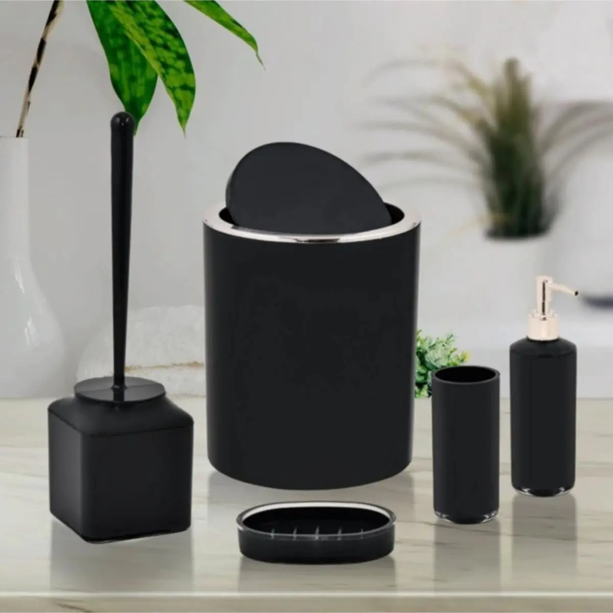 Bathroom Accessory Set Black Silver 5 Pcs Acrylic Lux Toothbrush Holder Liquid And Solid Soap Dispenser Toilet Brush Trash Can