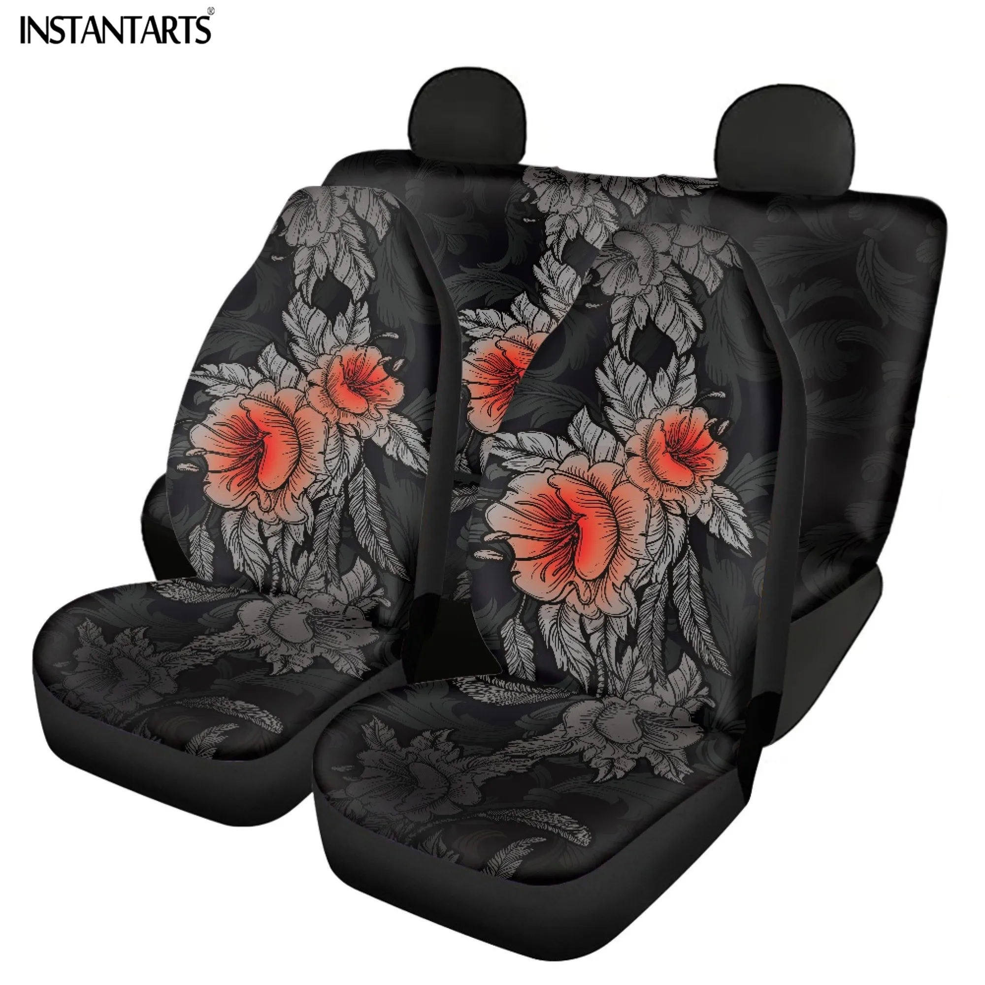 INSTANTARTS Gothic Rose Prints Front and Back Seat Covers for Car Creative Personality Breathable Soft Black Auto Decorative Pad