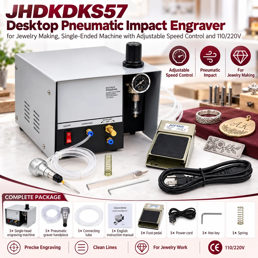 JHDKDKS57 Desktop Pneumatic Impact Engraver for Jewelry Making, Single-Ended Machine with Adjustable Speed Control and 110/220V