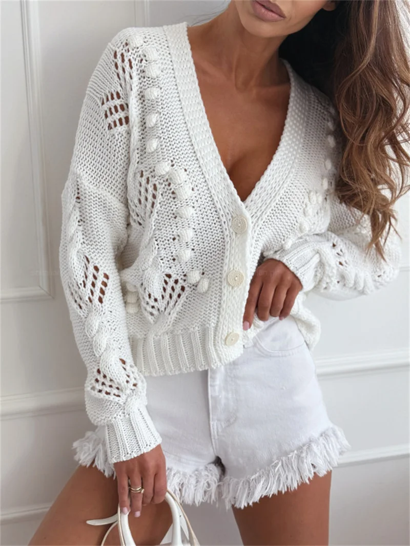 

Female Long Sleeve Deep V Sexy Hollow Cardigan Women Crop Top Knit Sweater Coat Autumn Winter Korean Fashion Jacket Blouse