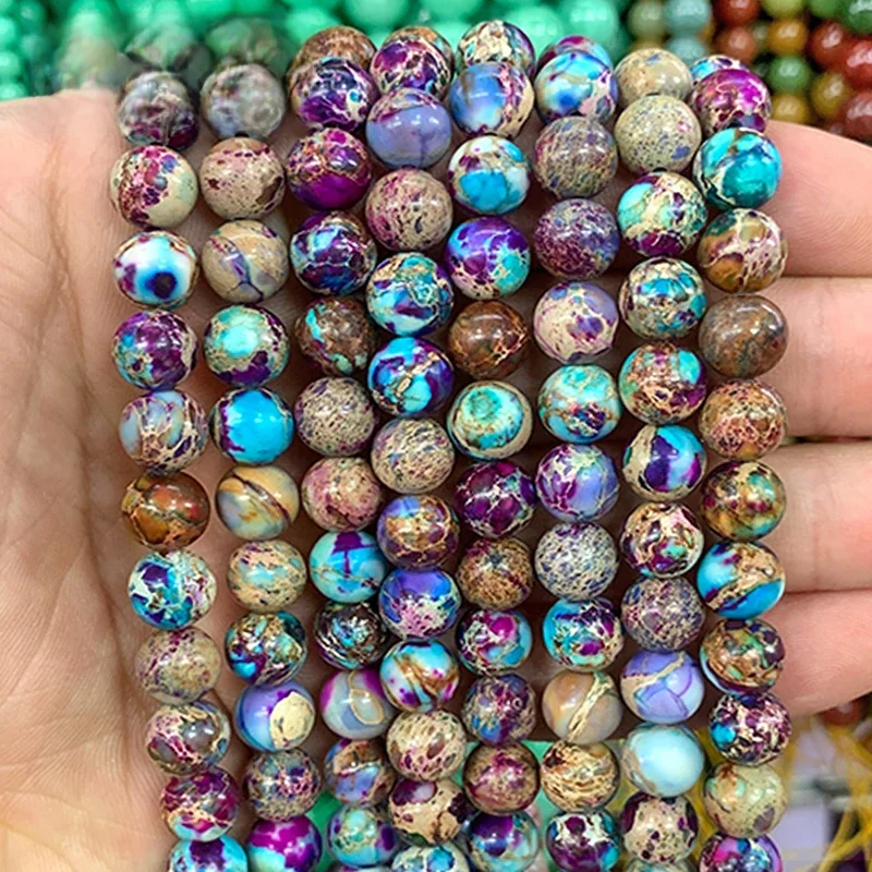 Mieszany kolor kamień naturalny wzorzysty kamień fioletowy niebieski okrągły koralik do tworzenia biżuterii DIY akcesoria bransoletka 15 "Cal 4/6/8/10mm — zdjęcie 2