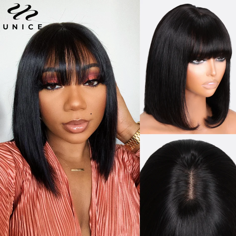 Unice Hair Bob Wig 14inch Middel Part 4x1 Lace Human Hair Wig Straight Bob Wig With Bangs Wear Go Lace Wigs for Women