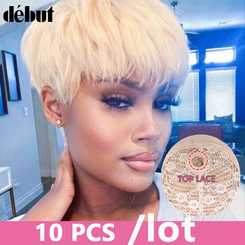 wholesale 613 Honey Blond Color Wig Short Bob Pixie Cut Top Lace Transparent Brazilian Human Hair Wig With Bangs For Black Women