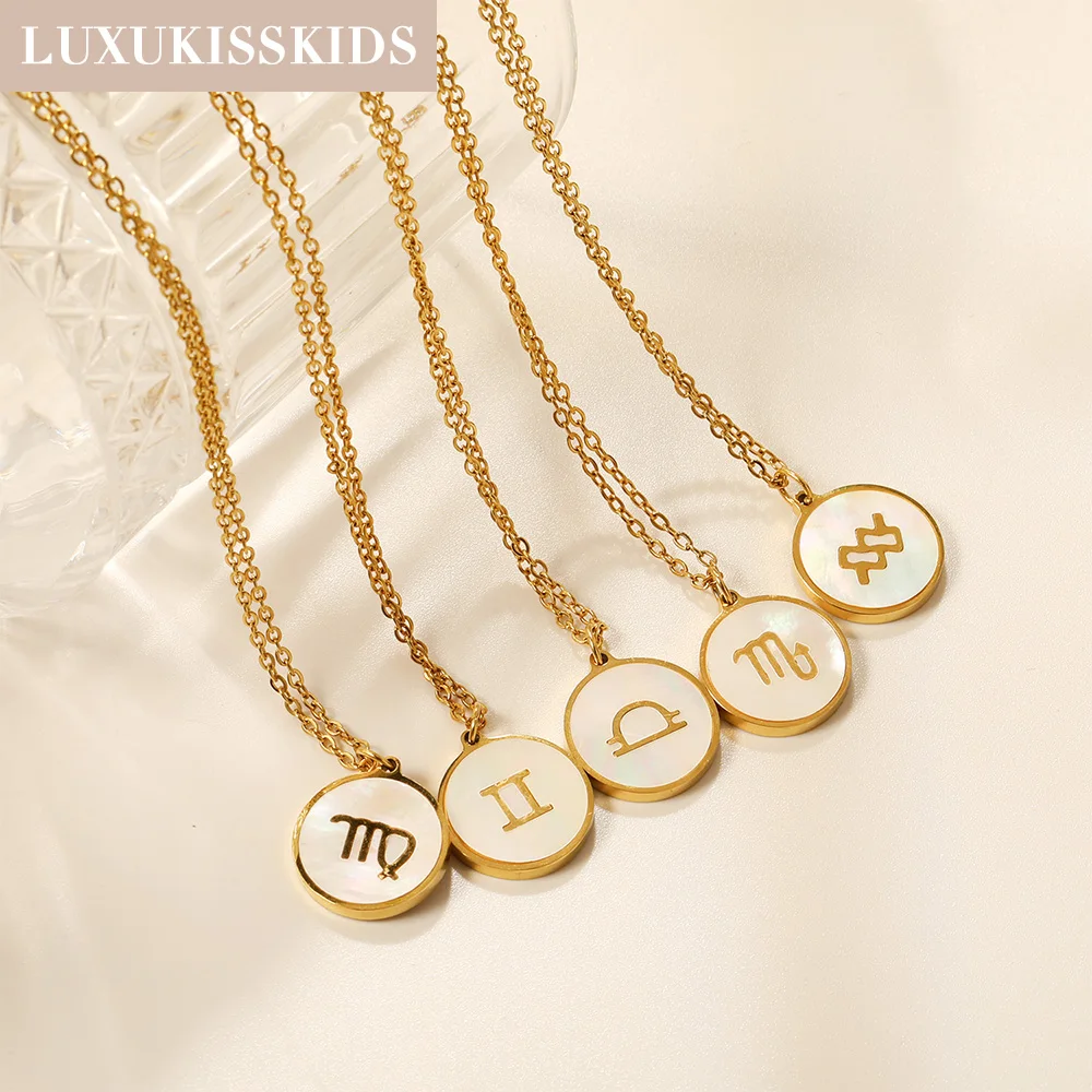 LUXUKISSKIDS 12 Constellation Pendant Necklace Star Zodiac Sign Stainless Steel White Shell Jewelry Choker for Birthday Gifts