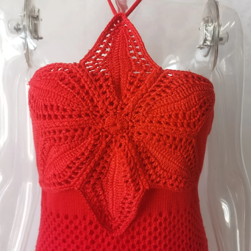 المرأة مثير الرسن الرقبة عارية الذراعين فستان طويل متماسكة ملابس السباحة الشاطئ الجوف خارج الكروشيه بيكيني التستر ملابس الصيف