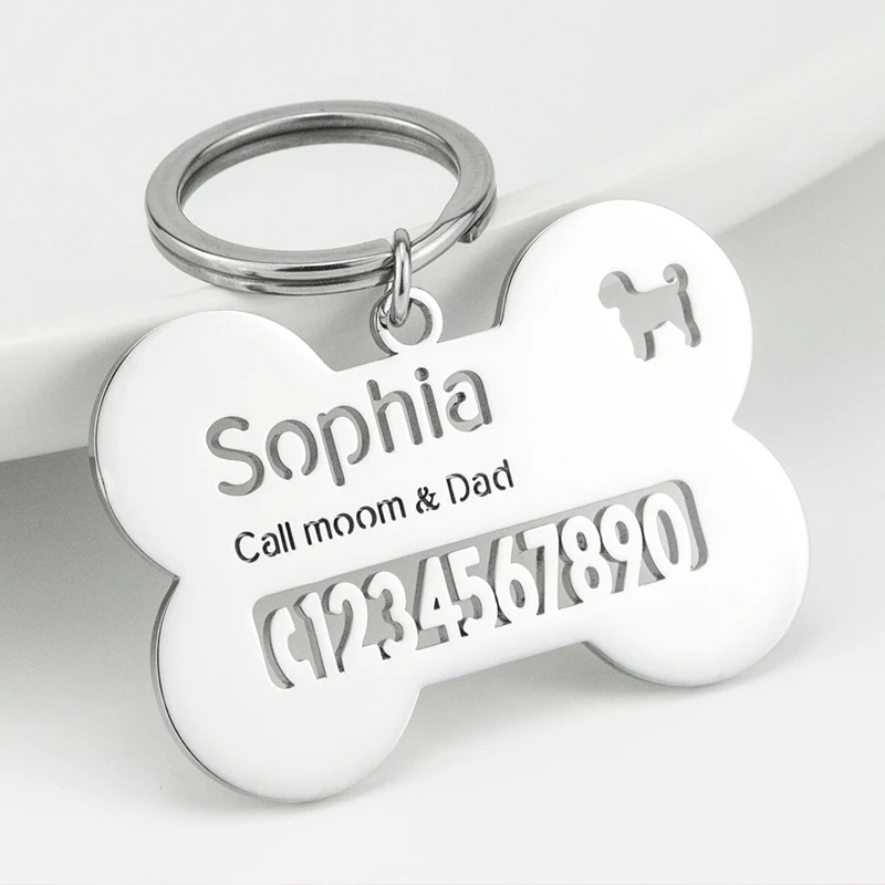 LLavero de número de teléfono con nombre personalizado, llavero de acero inoxidable antipérdida para mascotas para hombres y mujeres, llavero de hueso con etiqueta de perro, joyería personalizada