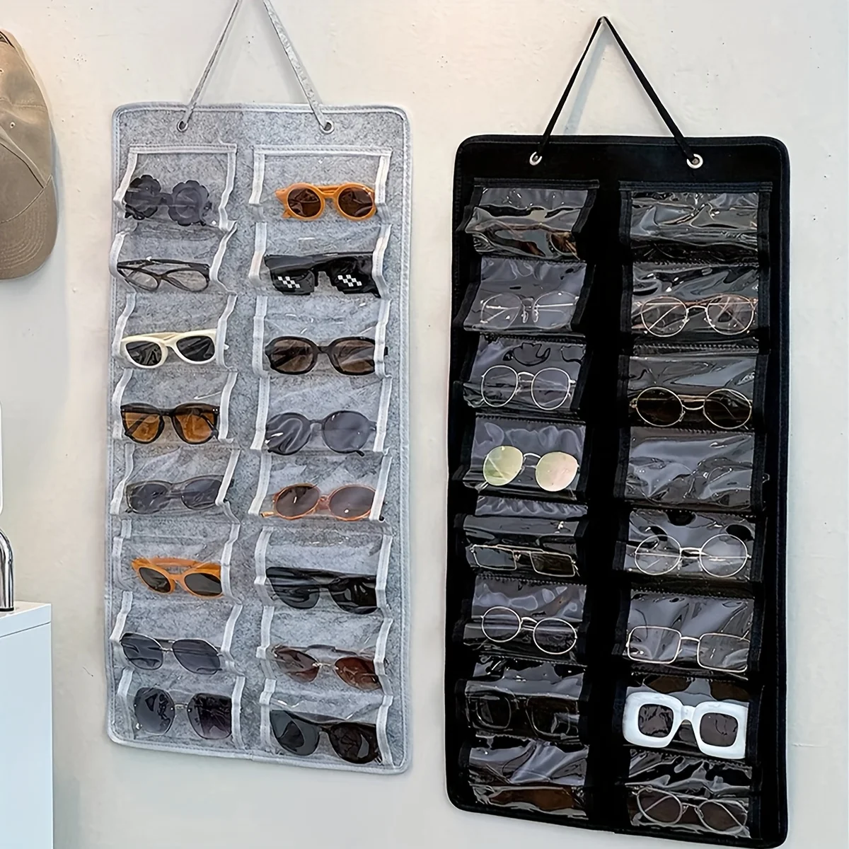 1 wall mounted glasses storage box with 16 compartments of dust-proof felt glasses frame and hanging storage bag