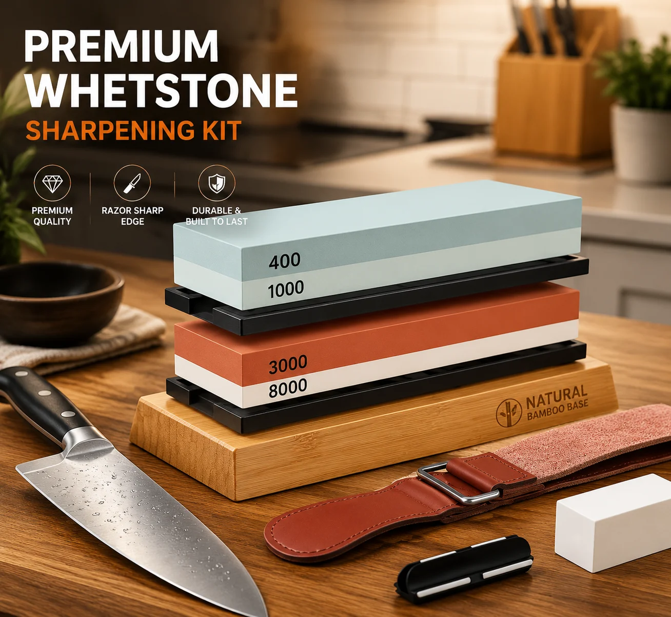 Professional Knife Sharpening Stone Set, 4-in-1 Whetstone 400/1000 3000/8000 Grit with Bamboo Base, Non-Slip Holder, Kitchen Knife Sharpener Kit for Chef Knives