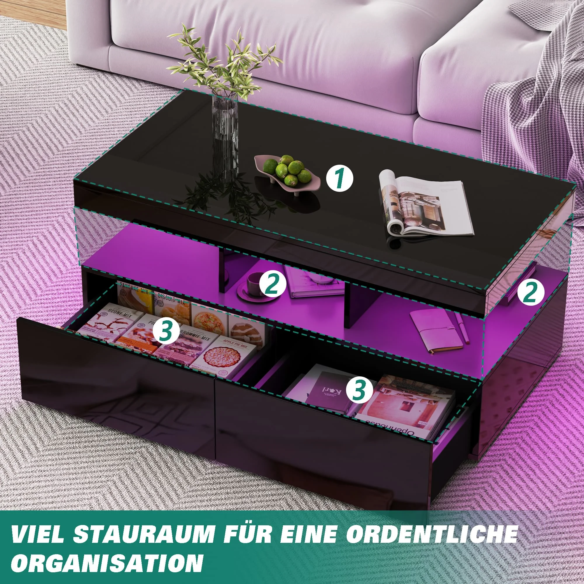 High Gloss coffee table, side table Black with LED and 2 Drawers, Modern Sofa Table with Open Shelf, 104x53x46cm