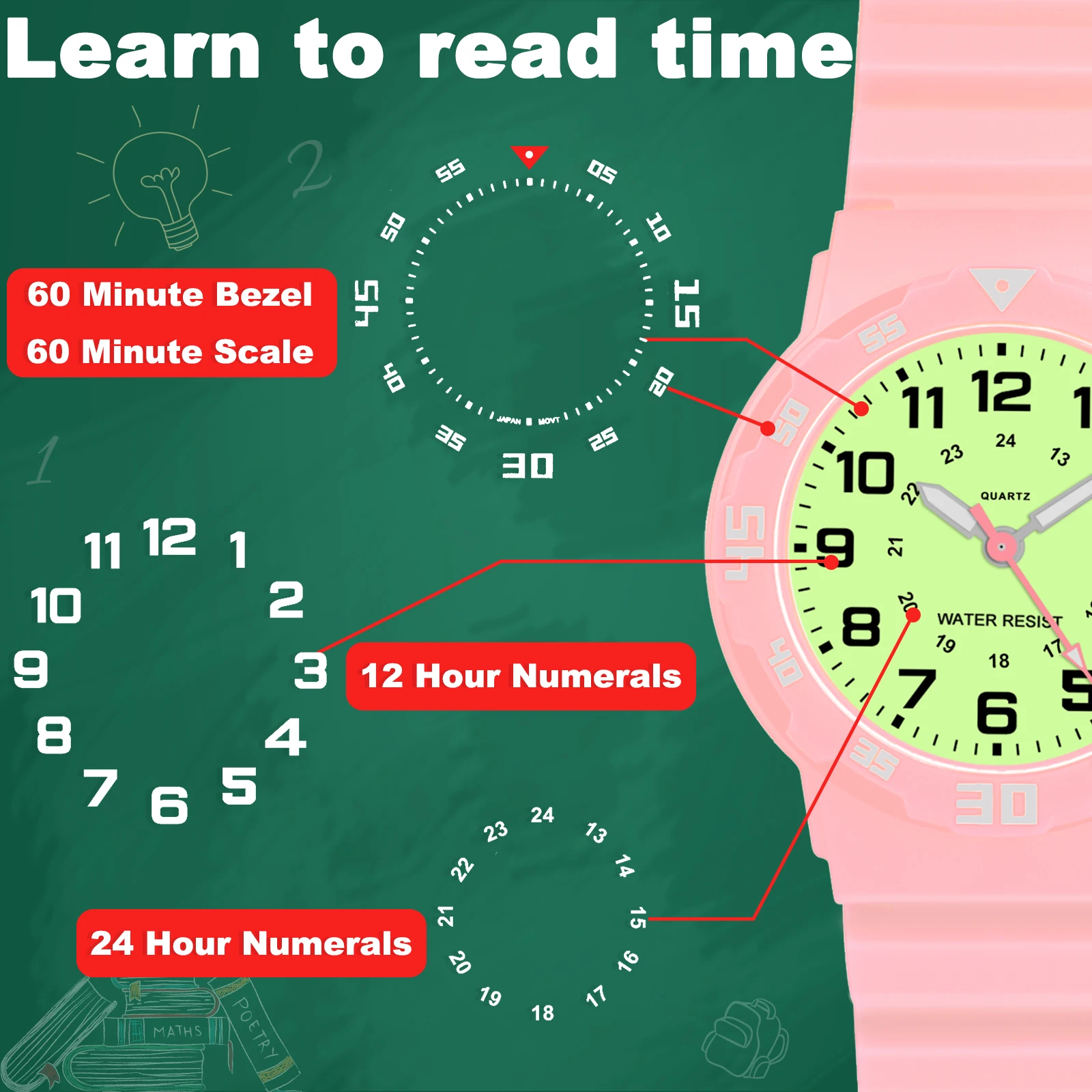 ساعة تناظرية للأطفال SOCICO 923 باللون الوردي الفلورسنت المتوهج للأطفال - حزام ناعم مقاوم للماء وسهل القراءة #5
