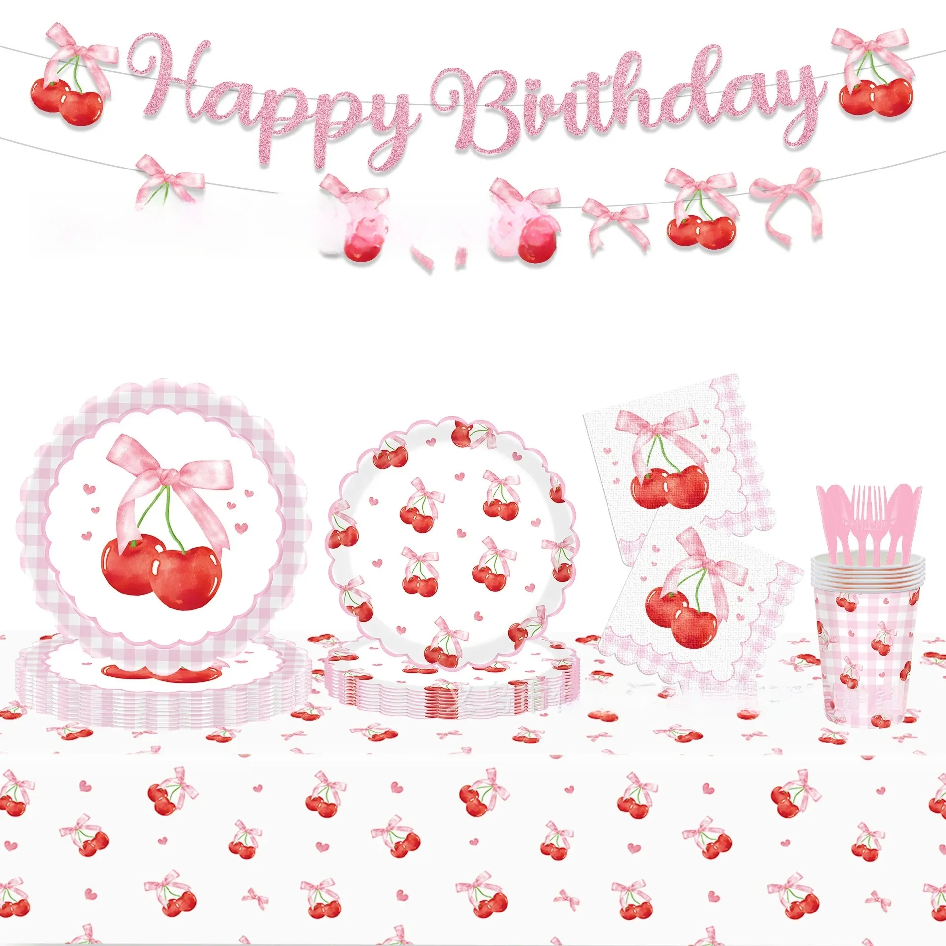 Vaisselle jetable avec nœud rose pour fête cerise, assiettes cerises douces, serviettes, petite princesse, décor de fête d'anniversaire pour fille heureuse, 10 invités