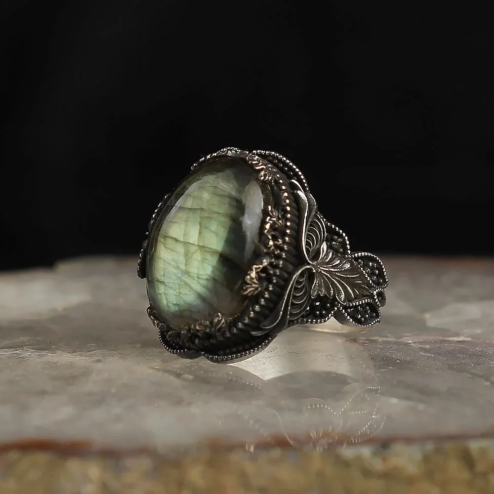 Pure Real 925 Sterling Silver Labradorite Natural Stone Ring Men High quality Jewelry Retro Fashion Vintage Handmade Gift