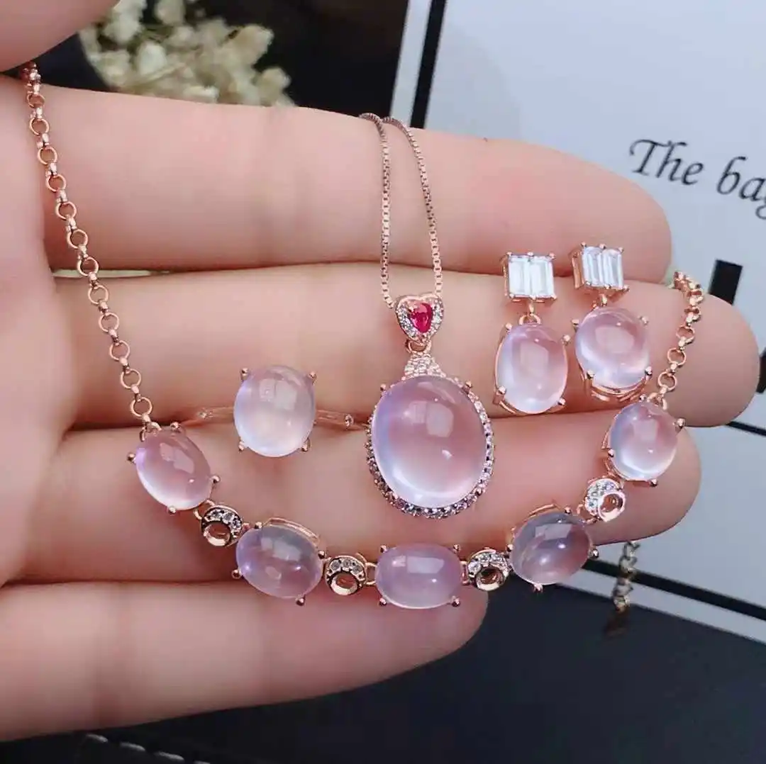 

KJJEAXCMY Fine Jewelry 925 Sterling Silver Natural Powder Crystal women's new pendant bracelet ring earrings set Send girlfriend