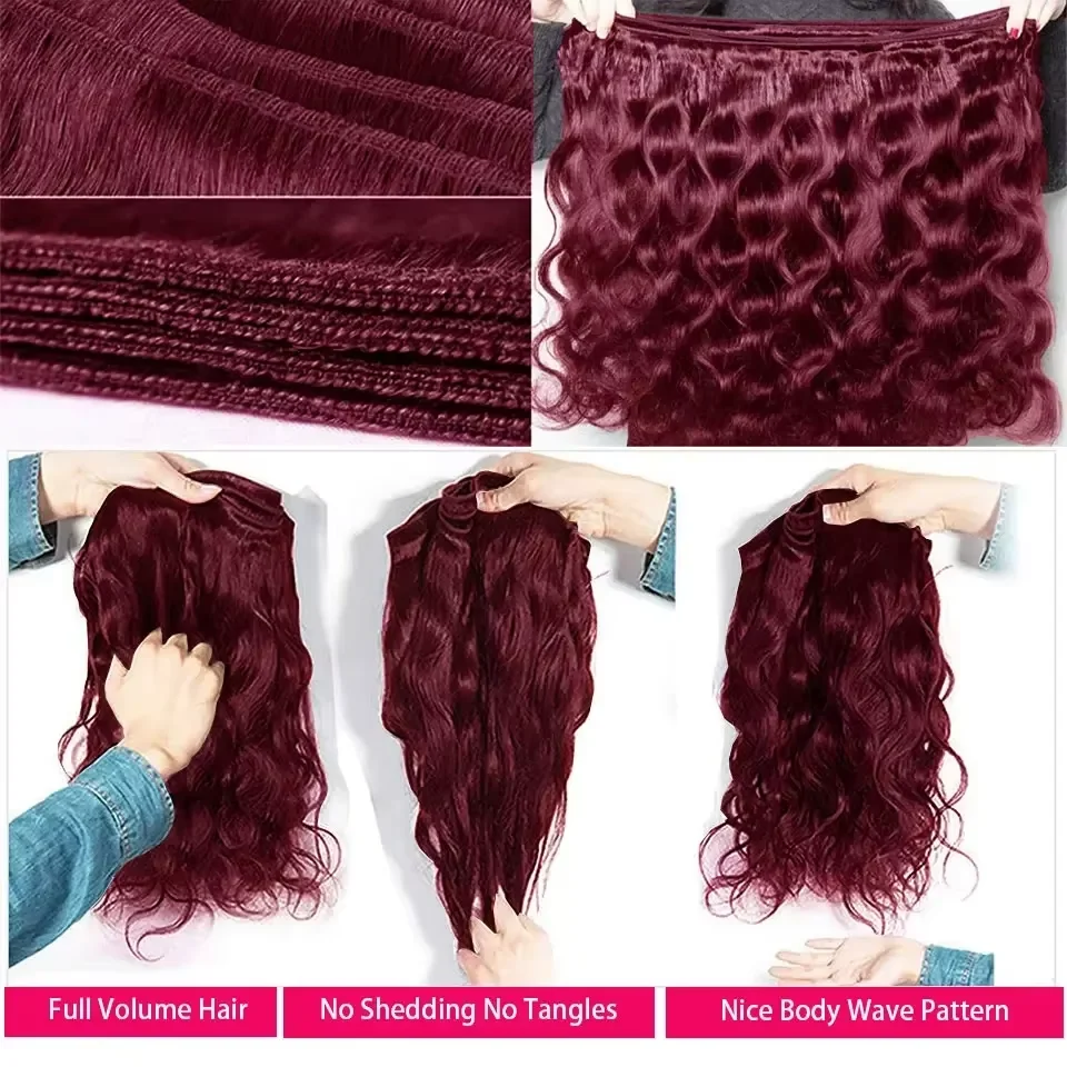 Pacotes de Cabelo Humano 100% Natural em Ondas Corporais Burgundy 99J de 30 a 32 Polegadas, Extensões de Cabelo Virgem Brasileiro Remy