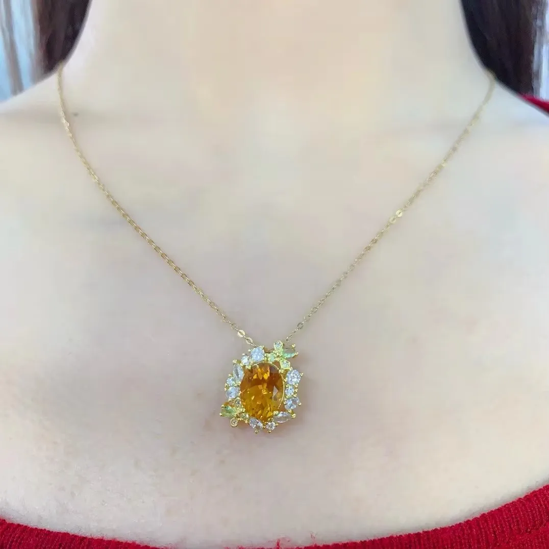 Jewelry Girl Pure Natural Yellow Crystal Necklace Pendant 925 Pure Silver Plated 18K Gold Only Christmas Gift for Girlfriend