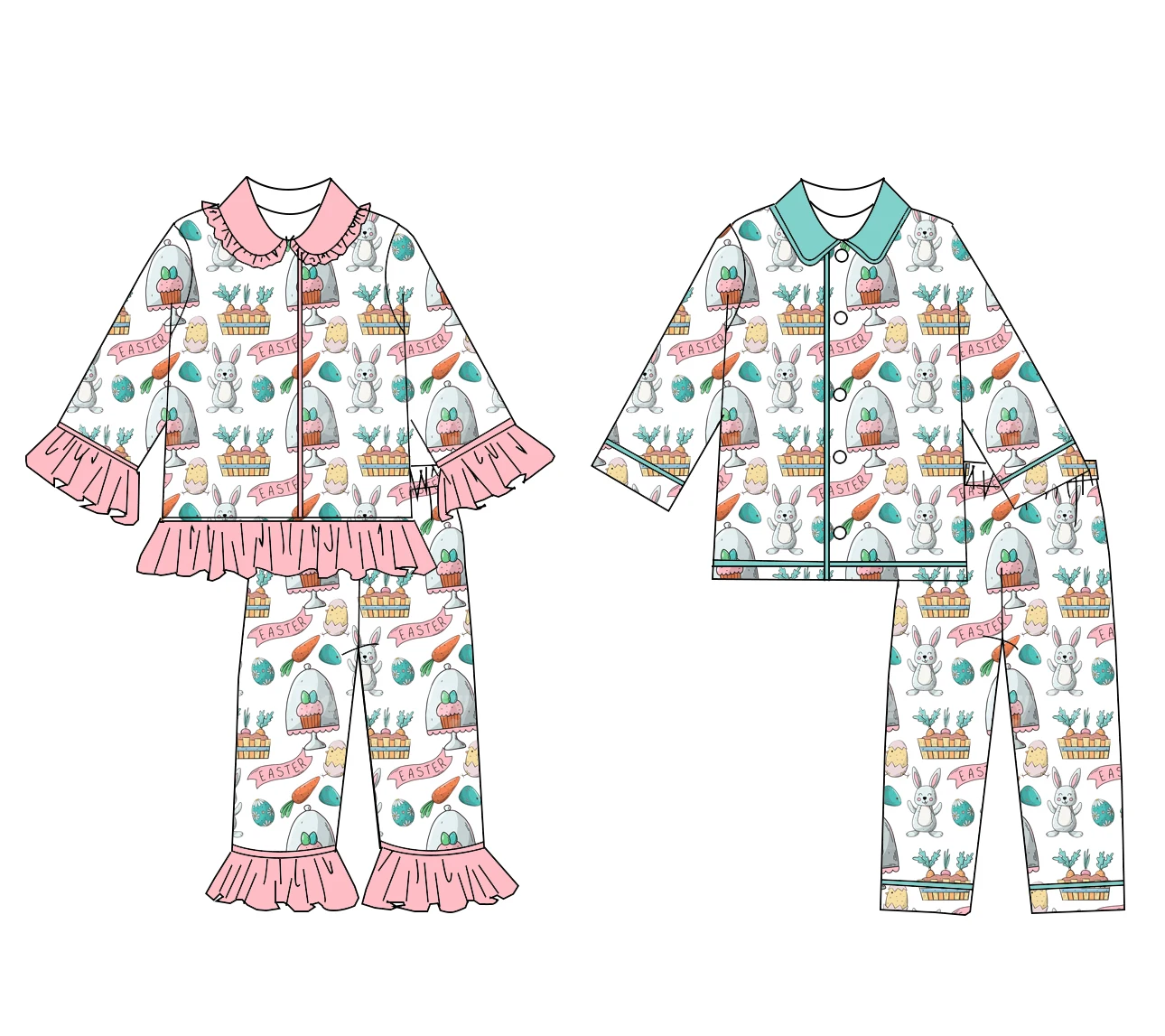 Wholesale Children's Easter Pajama Set Cartoon Bunny Egg Print Boys Girls Long Sleeve Sleepwear Kids Pyjamas