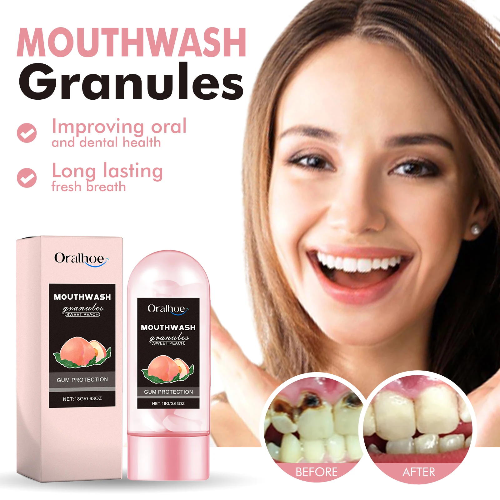 

Oralhoe Peach Mouthwash Tablets Whitening Clean Oral Odor Treat Fresh Breath Remove Teeth Stains Portable Oral Wash Tablets