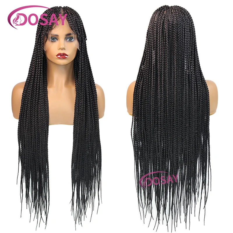 Full Lace Front peruca sintética trançada caixa com estrondo para as mulheres, duplo transparente, peso leve, trança africana, 32"