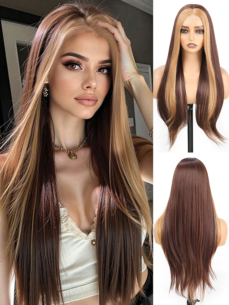 

Коричневый парик с кружевной основой 13x4, с выделенной челкой, женский синтетический парик с кружевной основой, предварительно вырезанный кружевной материал, предварительно сформированная линия роста волос, 28 дюймов.