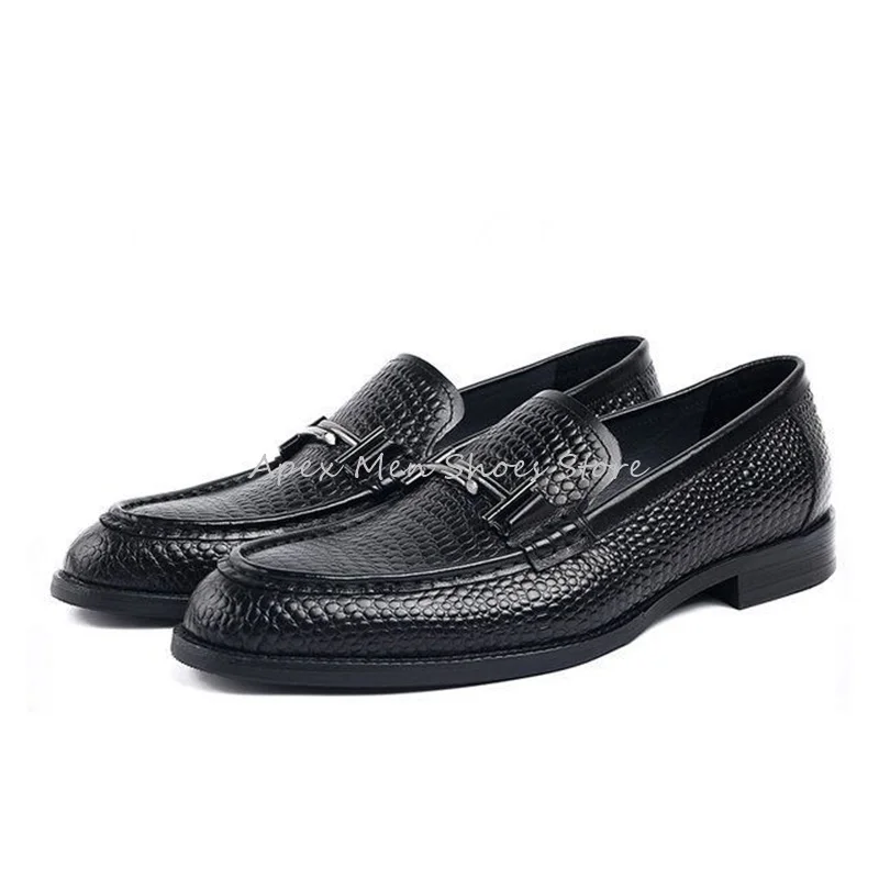 

Autumn Cowhide Men's Business Casual Leather Shoes Handmade Breathable Crocodile Pattern Slip On Loafers Trendy Formal Shoes