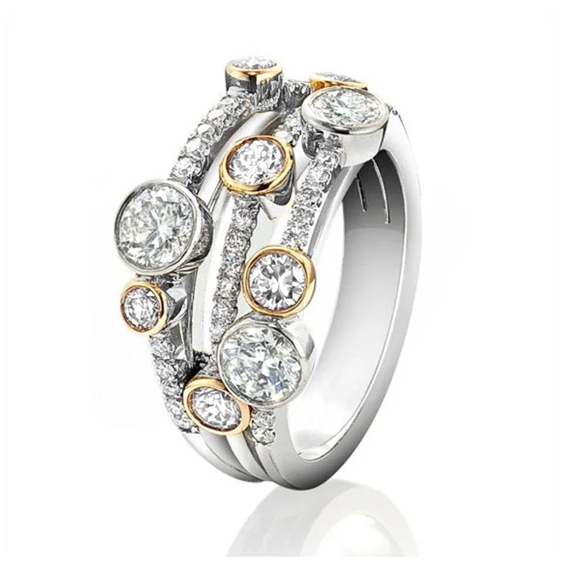 Huitan Personality Two Tone Three Line Rings Women Full Paved CZ Sparkling Female Wedding Bands Rings Modern Fashion New Jewelry — zdjęcie 2