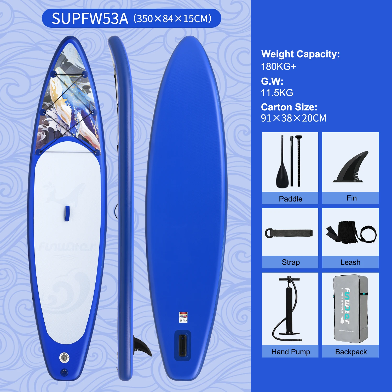 FunWater SUPFR01E 320cm-350cm Aufblasbares Stand-Up-Paddle-Board Surfbrett Komplettes Paddleboard-Zubehör Verstellbares Paddel, Pumpe, ISUP-Reiserucksack, Leash, Wasserdichte Tasche,