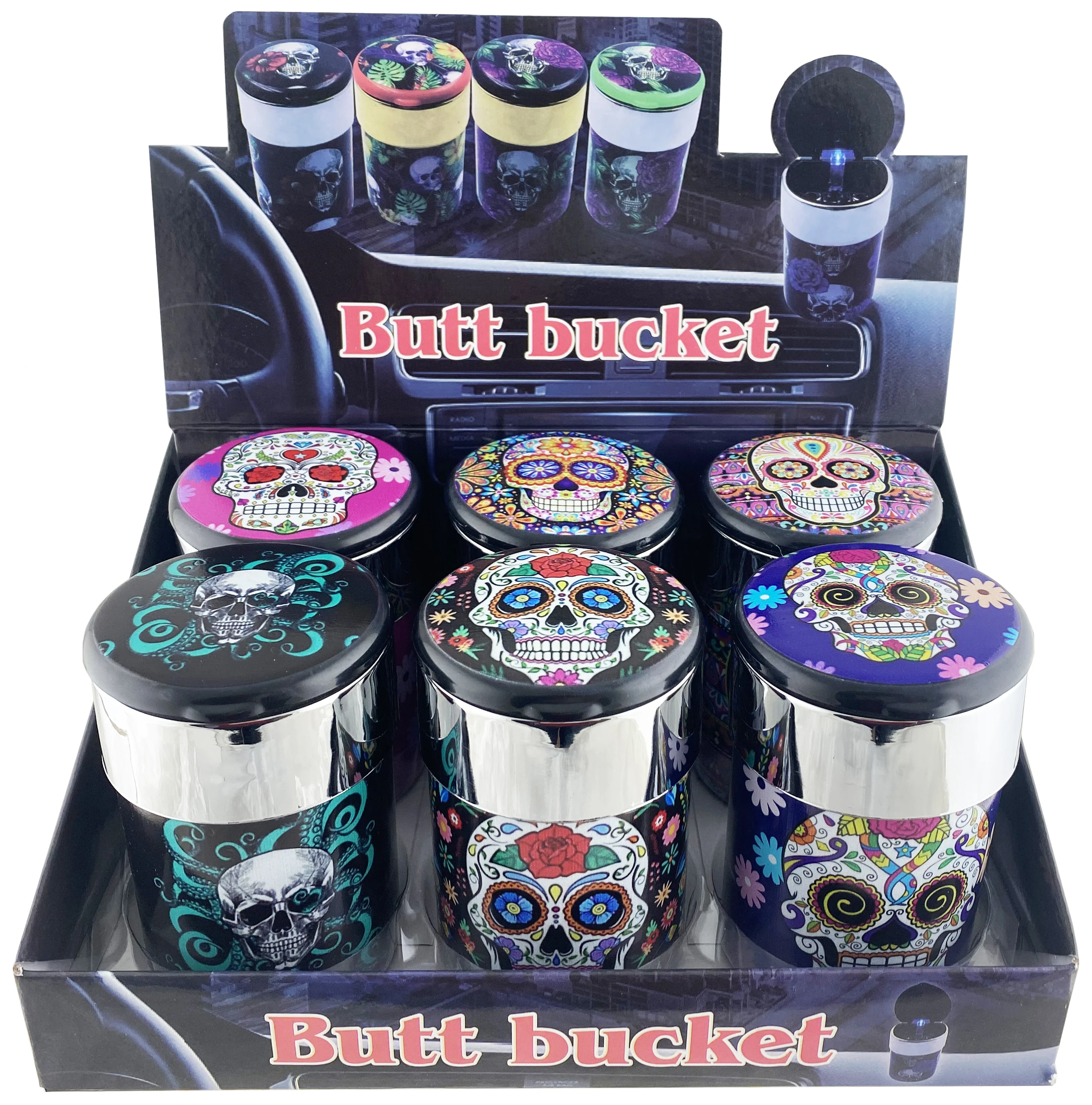 Portable Car Travel Cigarette Cylinder Candy Skull Ashtray Holder Cup LED Light