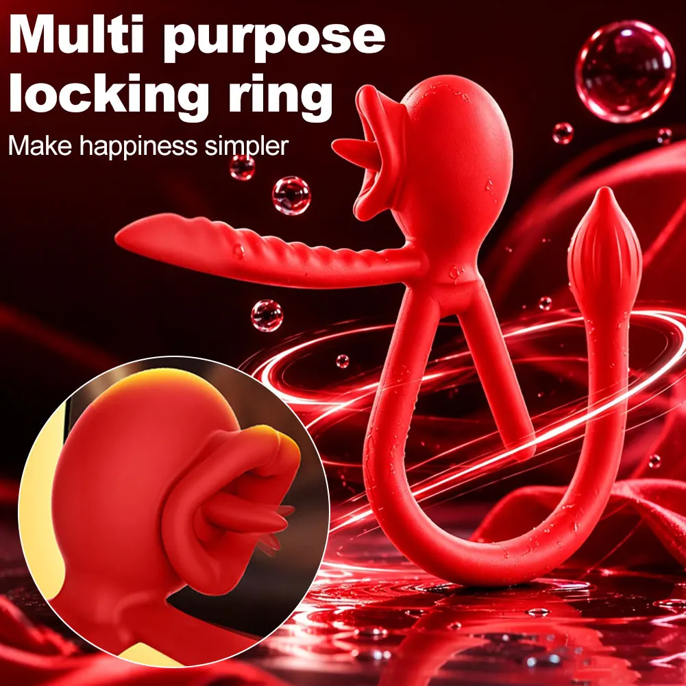 Delayed Ejaculation Penis Cock Ring Wireless Silicone Rose Tongue Licking G-Spot Massage Vibration Sex Toys for Men Wom view 4